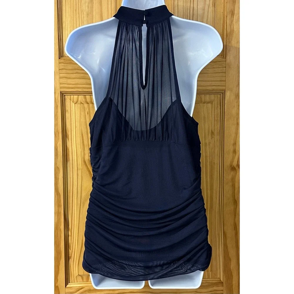 V501 Venus Women’s Sz Lg High Collar Navy Ruche Sleeveless Blouse NWOT - Picture 7 of 14